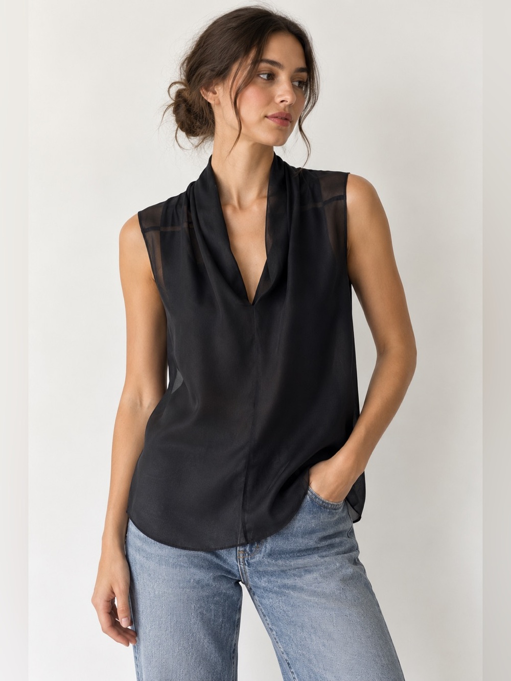 CAbi Black Silk Blend Sheer Draped Neck Blouse Top Small